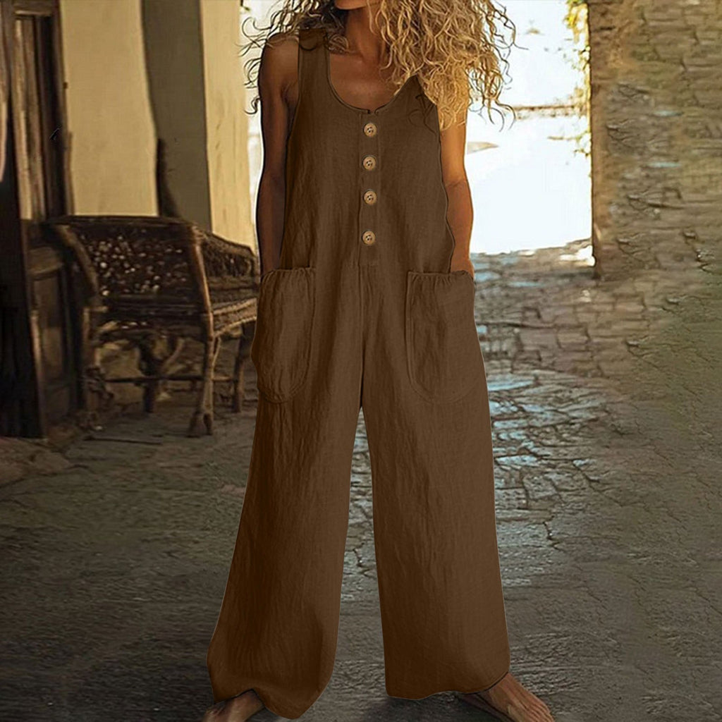 Summer New European-style Wide-leg Jumpsuit For Women, Sleeveless, Buttoned Pockets, Relaxed Fit, Casual Strap Pants.