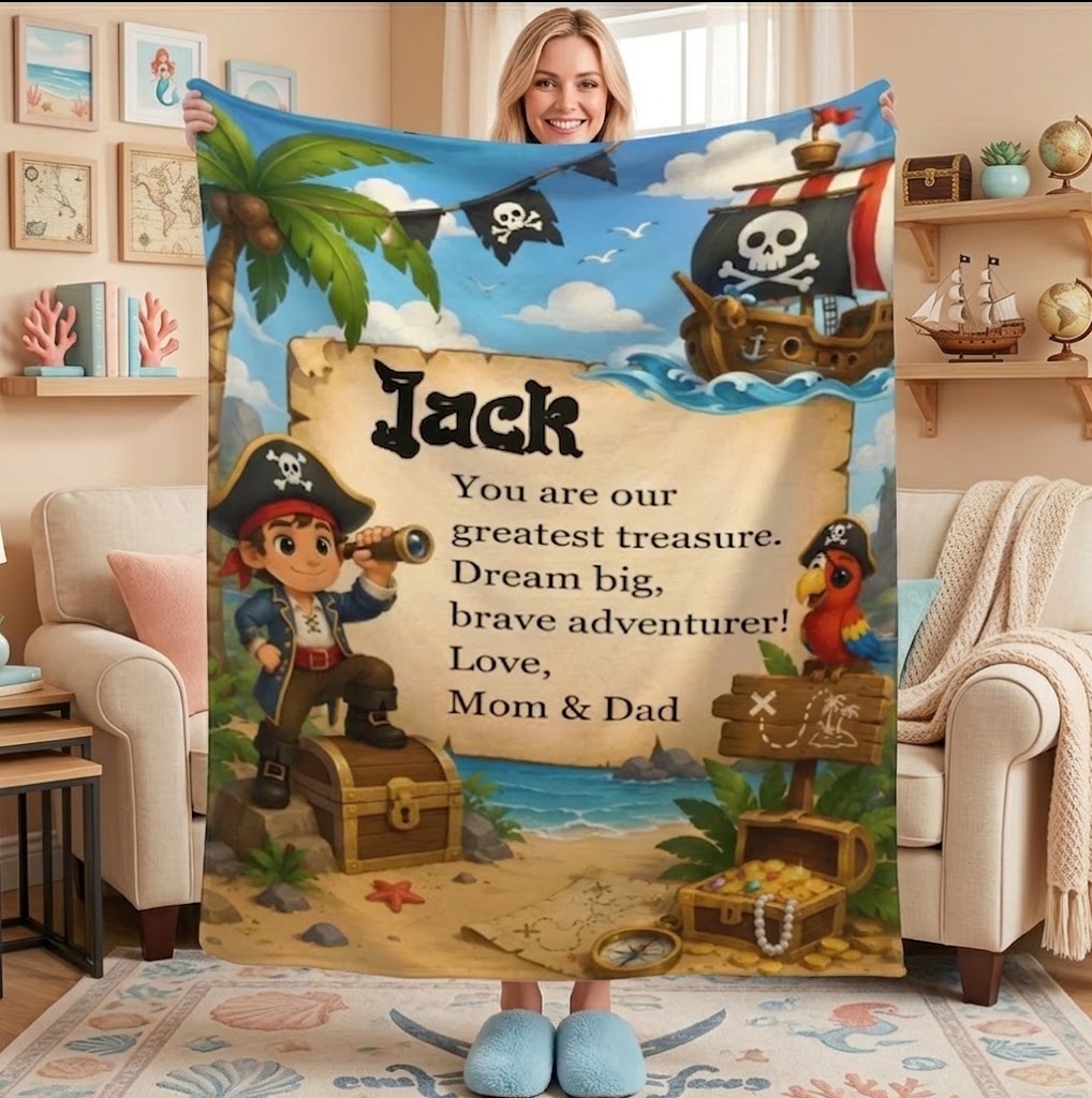 Personalized Pirate Treasure Throw Blanket for Kids | Soft Flannel Fleece Custom Name Gift