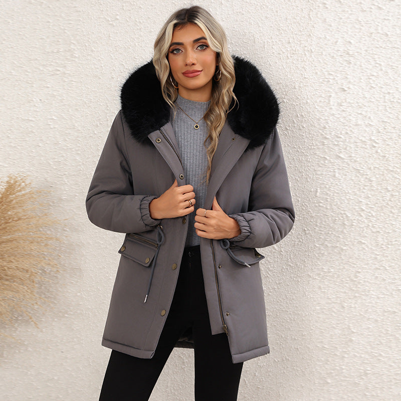 Women's Fleece-lined Mid-length Hooded Cotton Padded Jacket