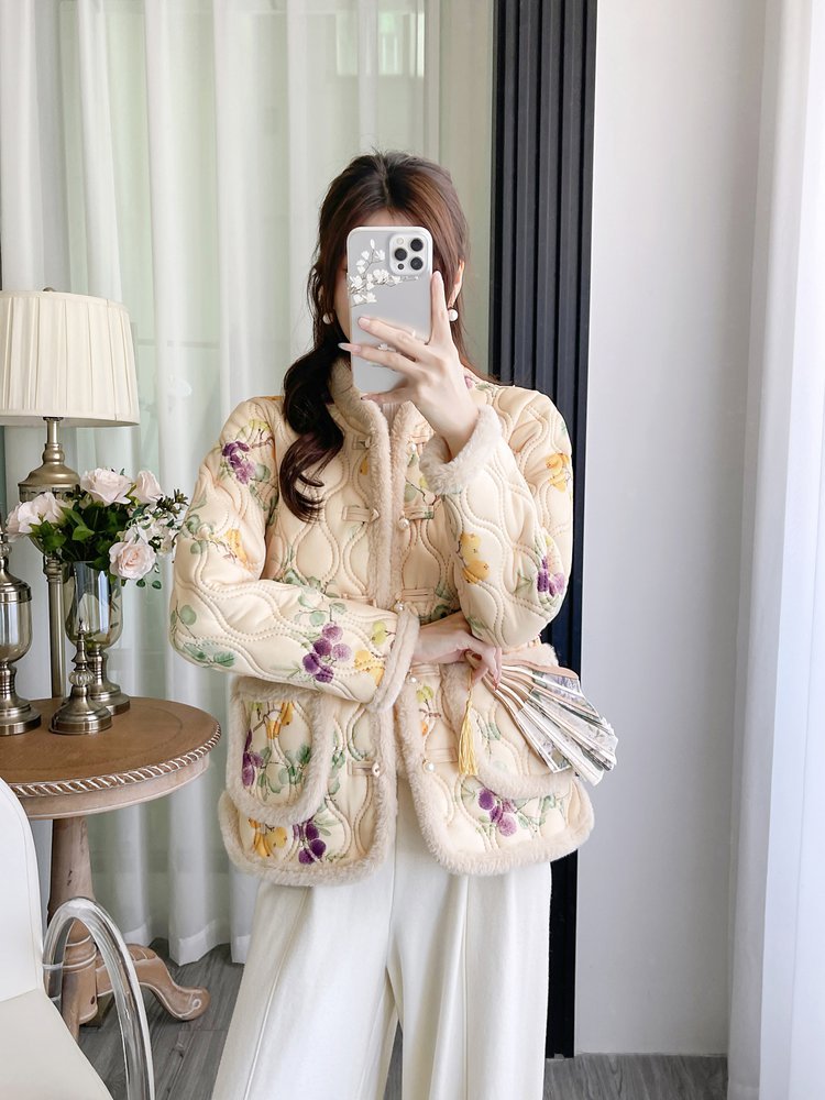 Womens Retro Frog-Button Floral Velvet-Lined Warm Cotton Padded Coat