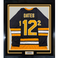 Framed Autographed/Signed Adam Oates 35x39 "HOF 12" Boston Black Hockey Jersey Beckett BAS COA
