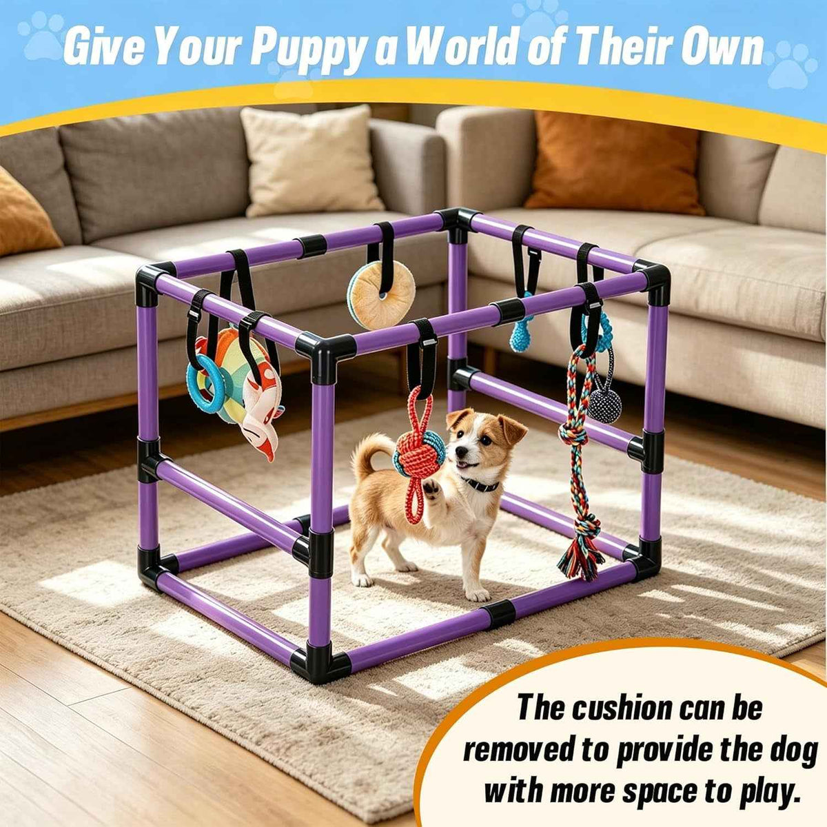 Indoor Puppy Play Gym with Hammock 8 Toys Dog Activity Center