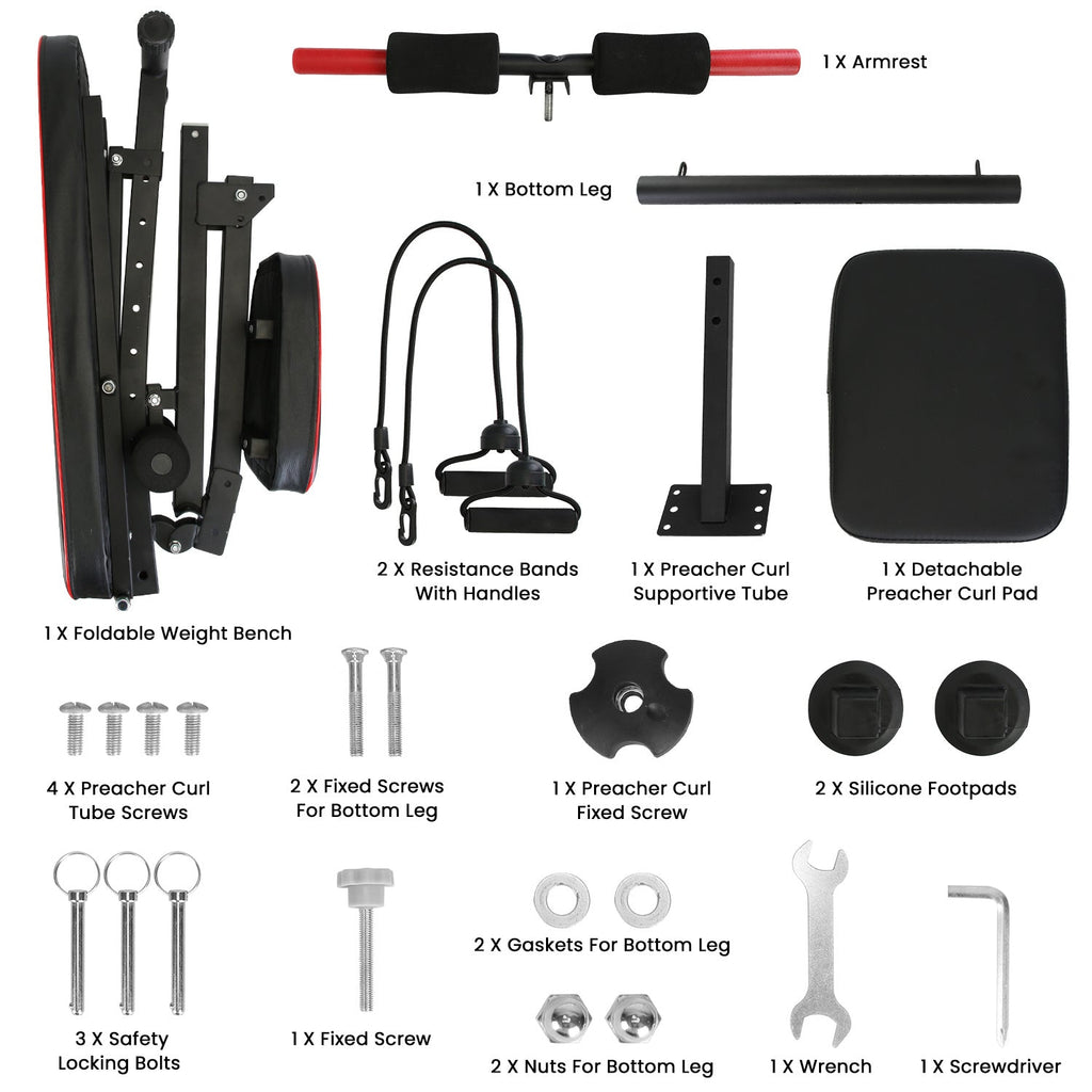 Adjustable Weight Bench with Preacher Curl Pad & Resistance Bands