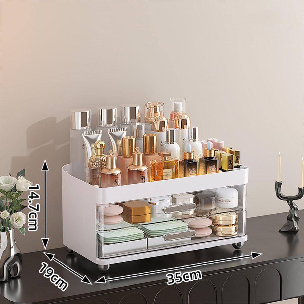 2 Drawers Makeup Organizer - 4 Tier Bathroom Organizers And Storage, Versatile Perfume Vanity Organizer, Ideal For Cosmetic, Large Skincare, Face Mask, Office Supplies