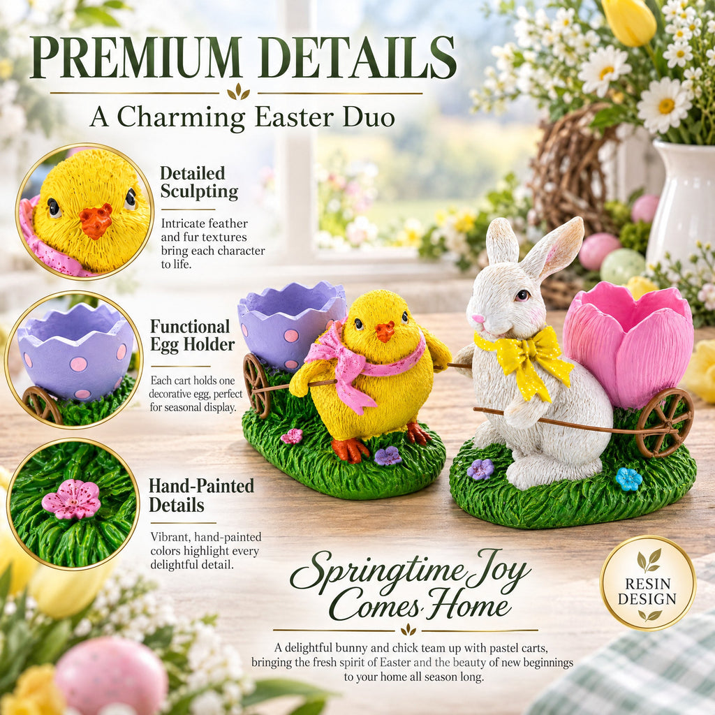 Set of 2 Easter Bunny and Chick Figurine Set - 5" Spring Egg Holder Decor