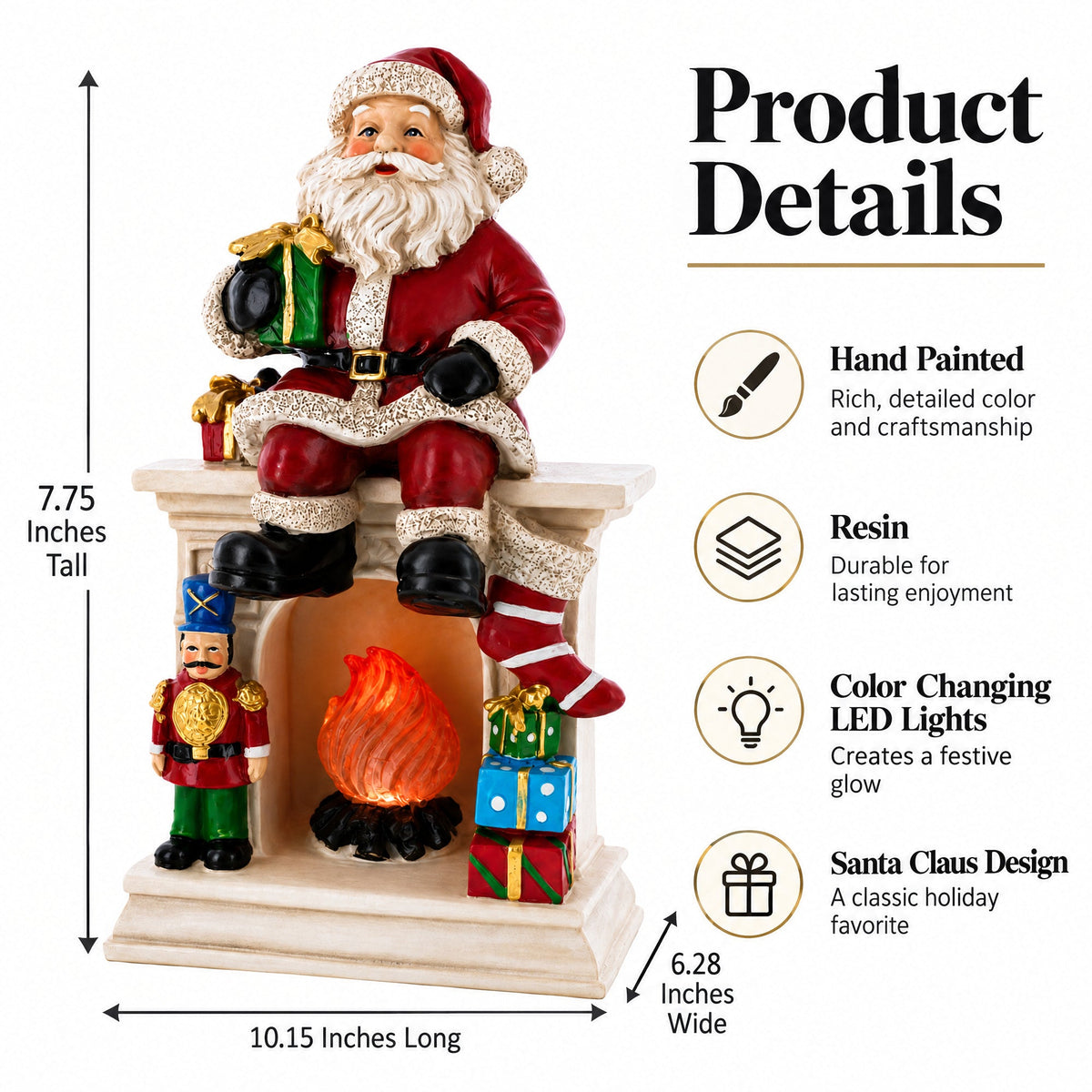 Santa Sitting on a Fireplace LED Lights Figurine 7.75 Inches