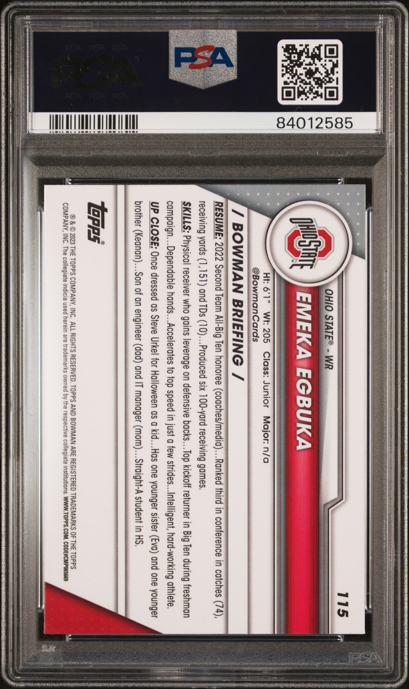 Graded 2023 Topps Bowman U Chrome Emeka Egbuka #115 Shimmer Rookie RC Football Card PSA 10 Gem Mint