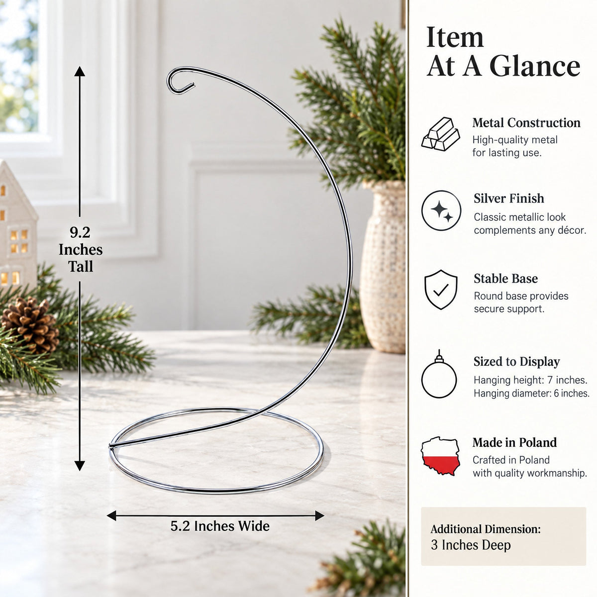 Open Frame Silver Metal Ornament Display Stand 9.2 Inches