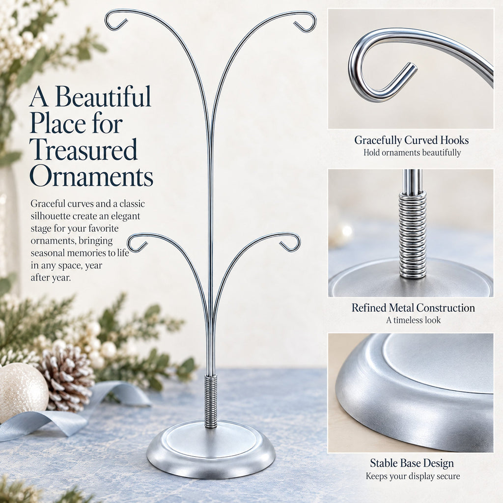 4-Arm Tree Branch Silver Metal Ornament Display Stand 12 Inches