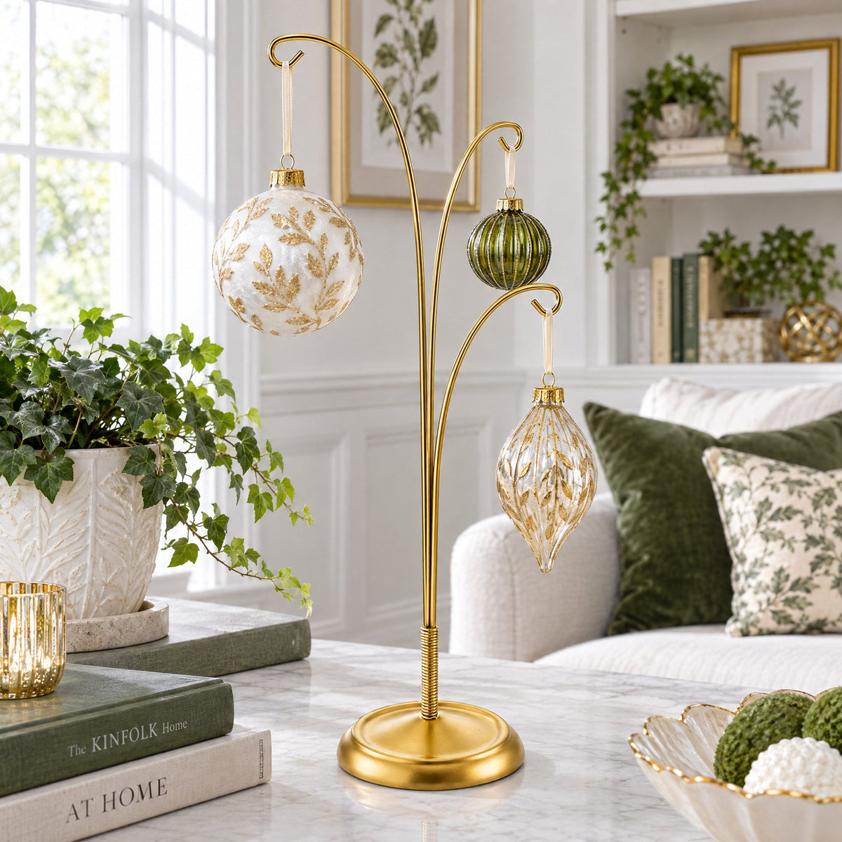 3-Arm Botanical Style Gold Metal Ornament Display Stand 12 Inches