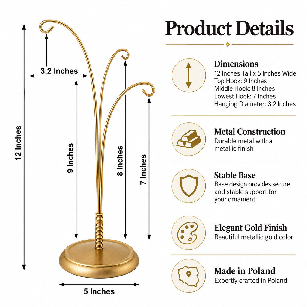3-Arm Botanical Style Gold Metal Ornament Display Stand 12 Inches