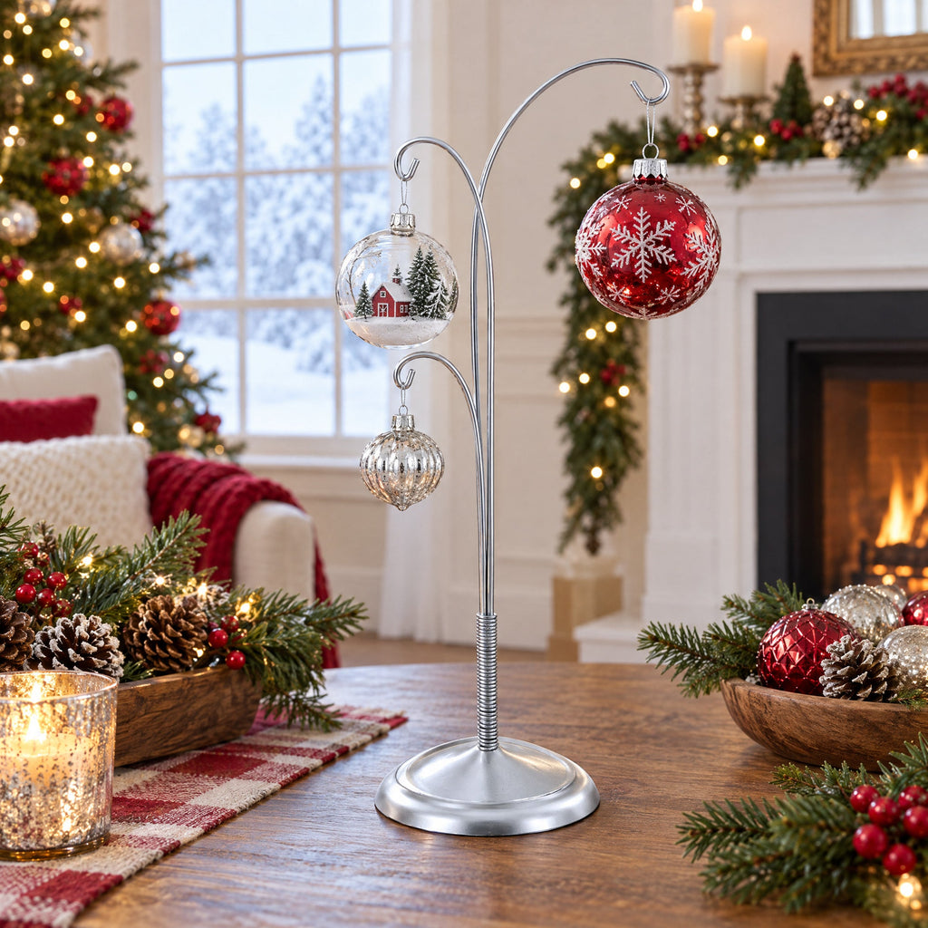 3-Arm Botanical Style Silver Metal Ornament Display Stand 12 Inches
