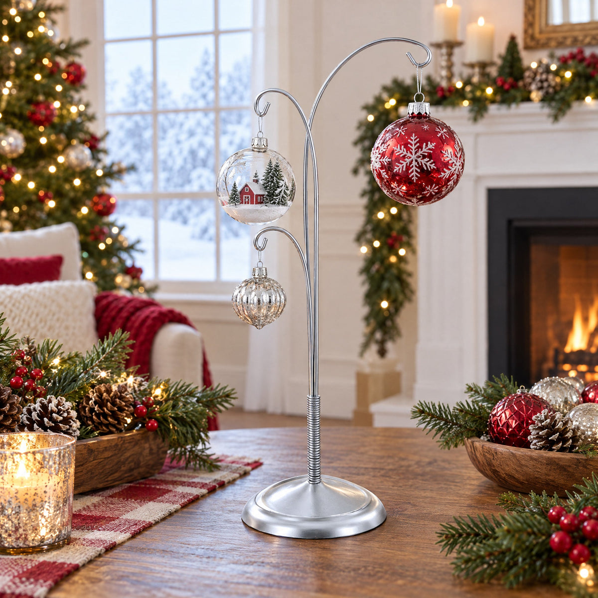 3-Arm Botanical Style Silver Metal Ornament Display Stand 12 Inches