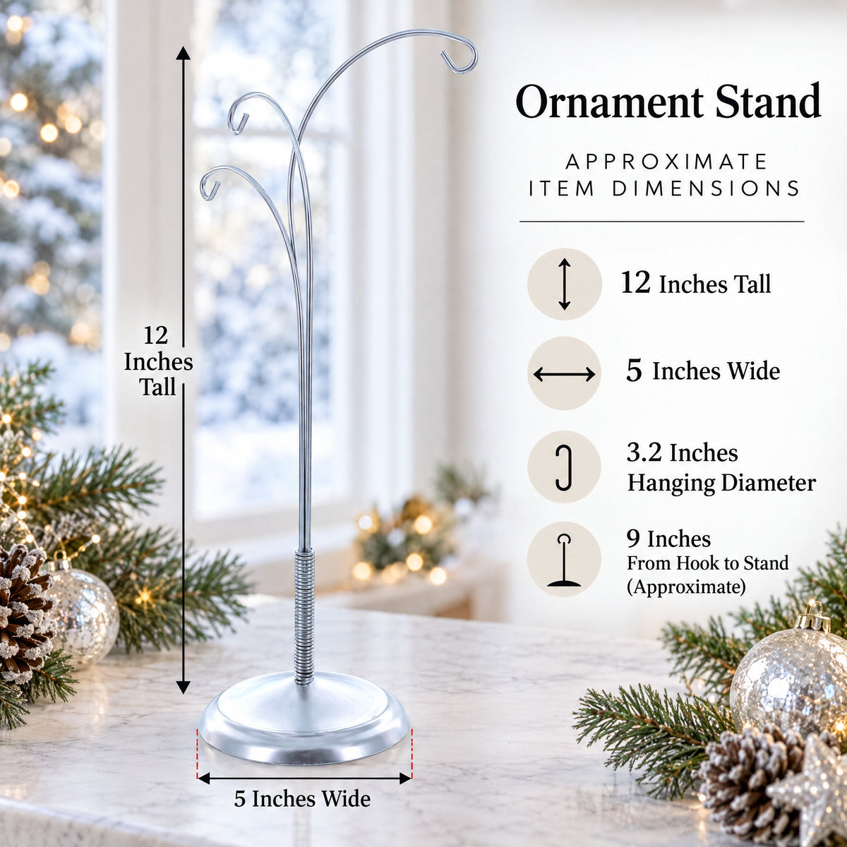 3-Arm Botanical Style Silver Metal Ornament Display Stand 12 Inches