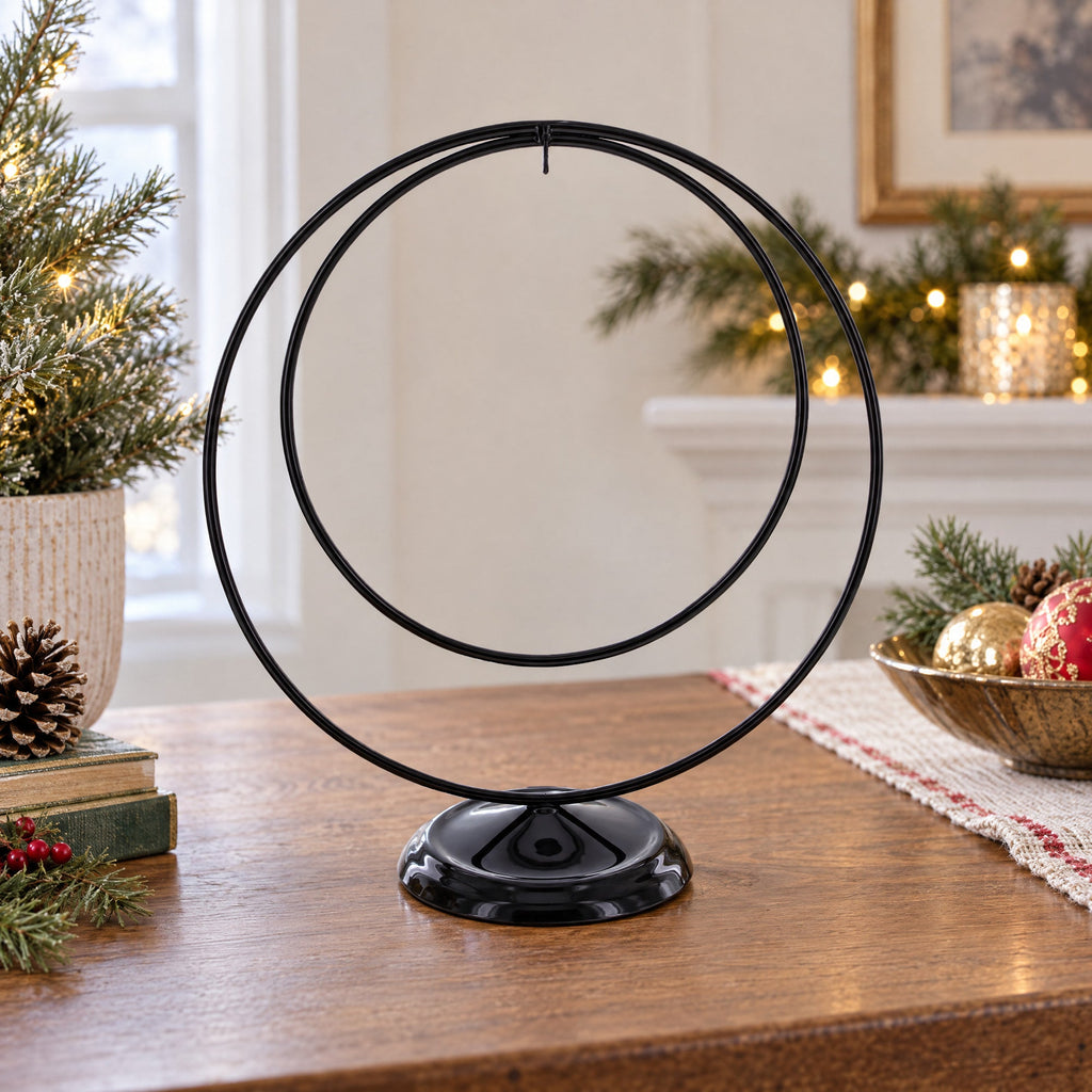 Contemporary Double Circle Black Painted Metal Ornament Display Stand 8.2 Inches