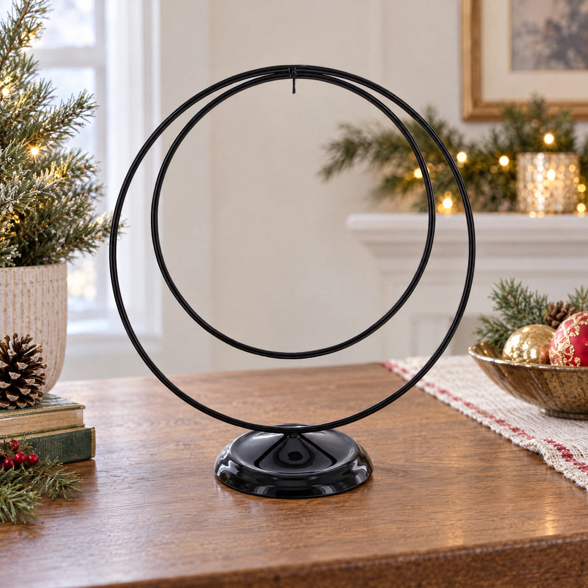 Contemporary Double Circle Black Painted Metal Ornament Display Stand 8.2 Inches