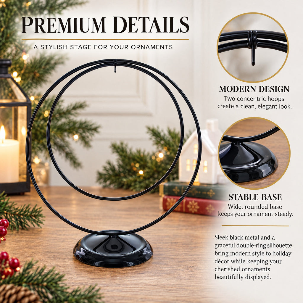 Contemporary Double Circle Black Painted Metal Ornament Display Stand 8.2 Inches