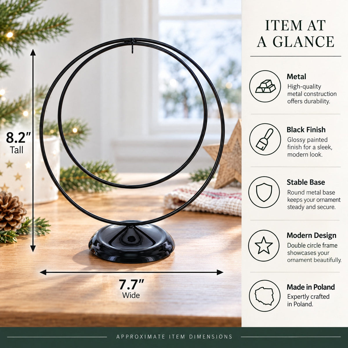 Contemporary Double Circle Black Painted Metal Ornament Display Stand 8.2 Inches
