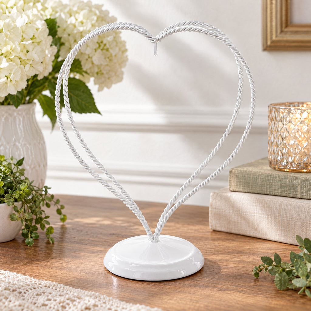 Double Wire Heart Twisted White Paint Metal Ornament Display Stand 7.8 Inches