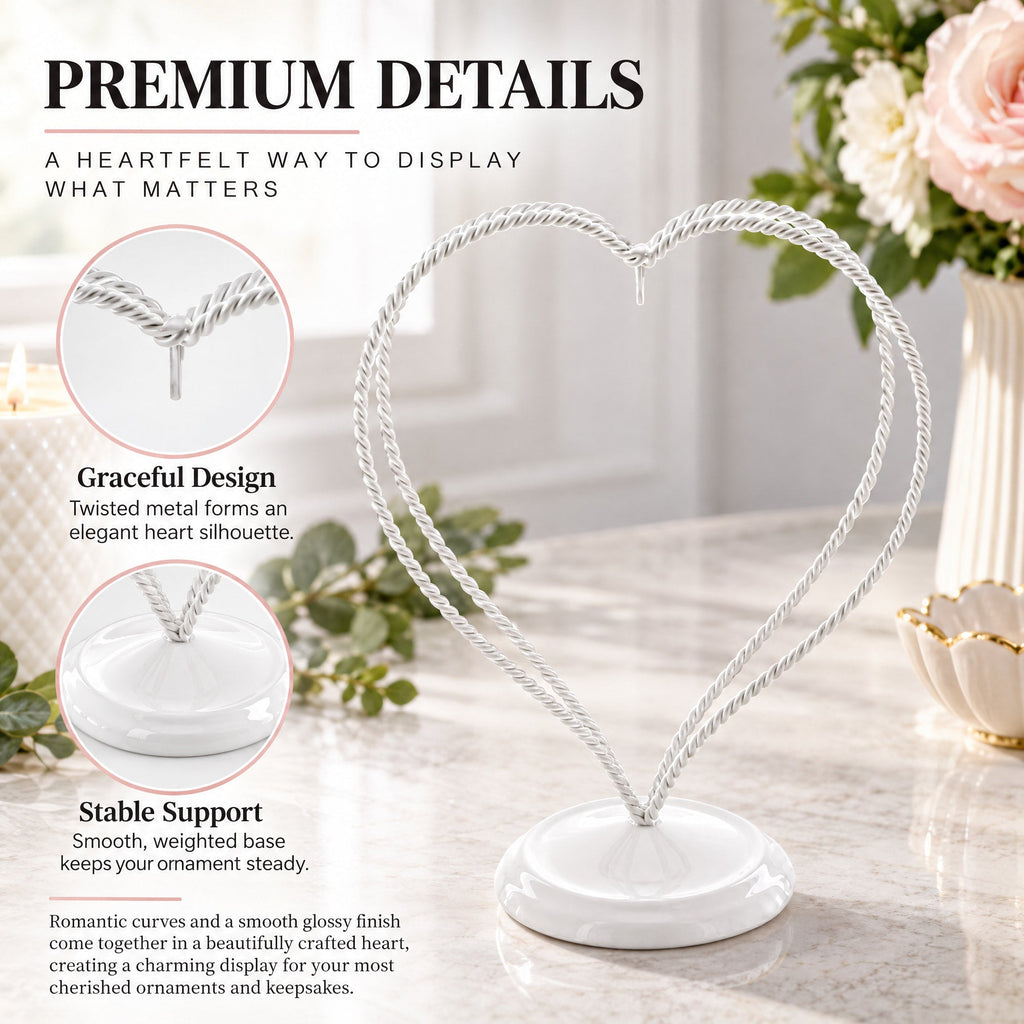 Double Wire Heart Twisted White Paint Metal Ornament Display Stand 7.8 Inches