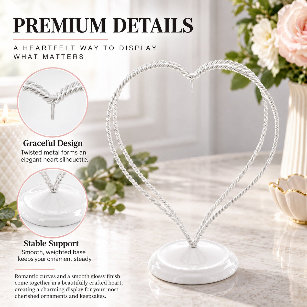 Double Wire Heart Twisted White Paint Metal Ornament Display Stand 7.8 Inches