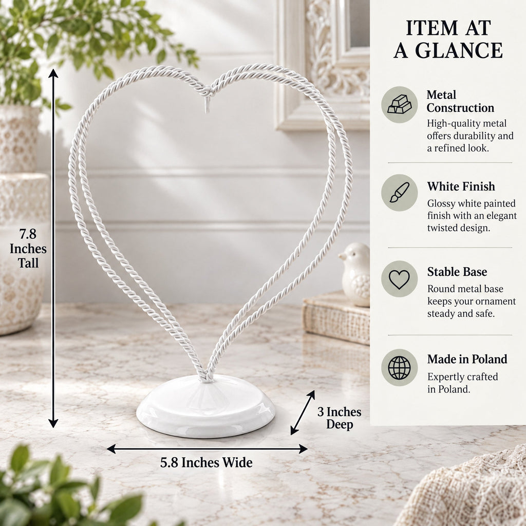 Double Wire Heart Twisted White Paint Metal Ornament Display Stand 7.8 Inches