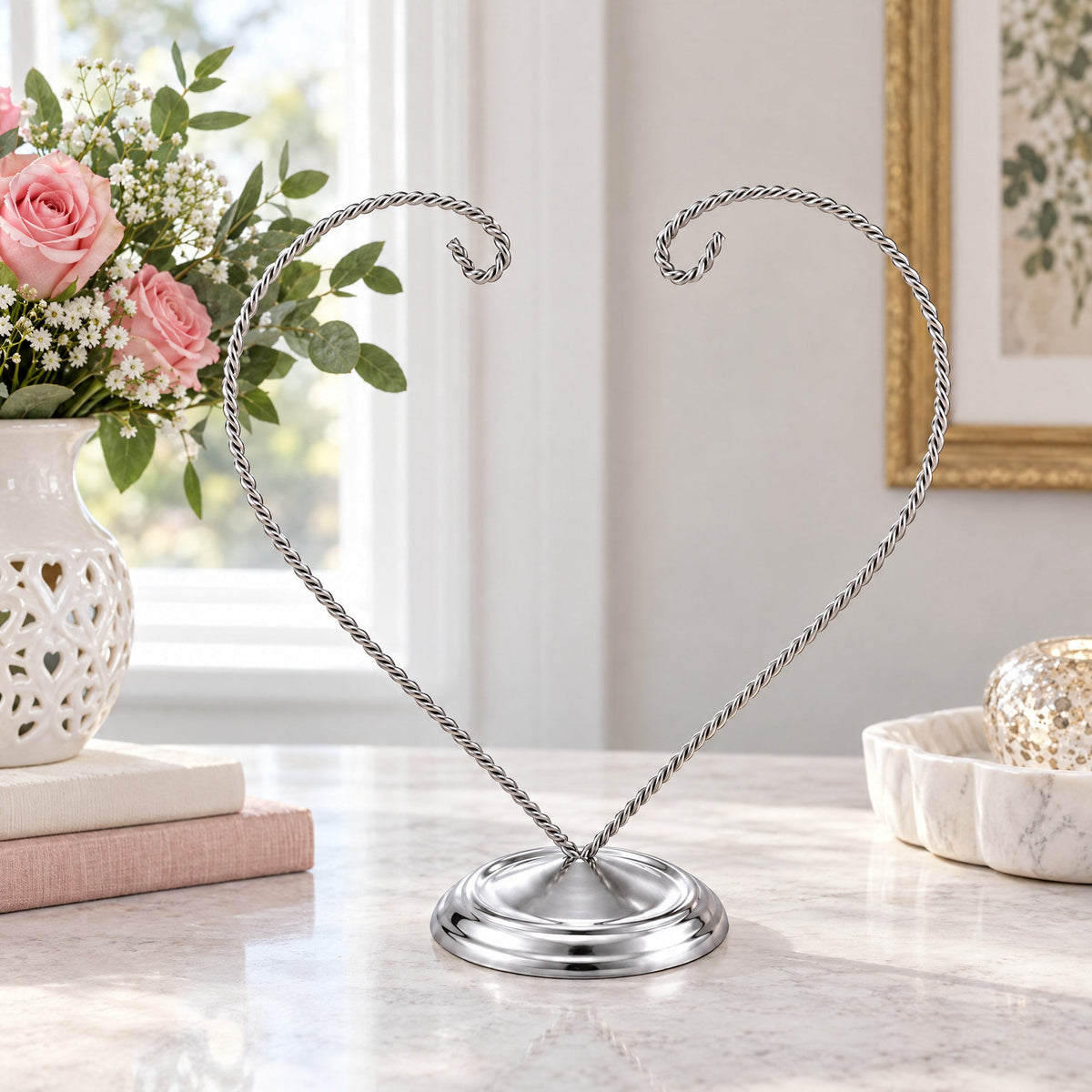 Open-Top Heart Twisted Silver Metal Ornament Display Stand 9 Inches