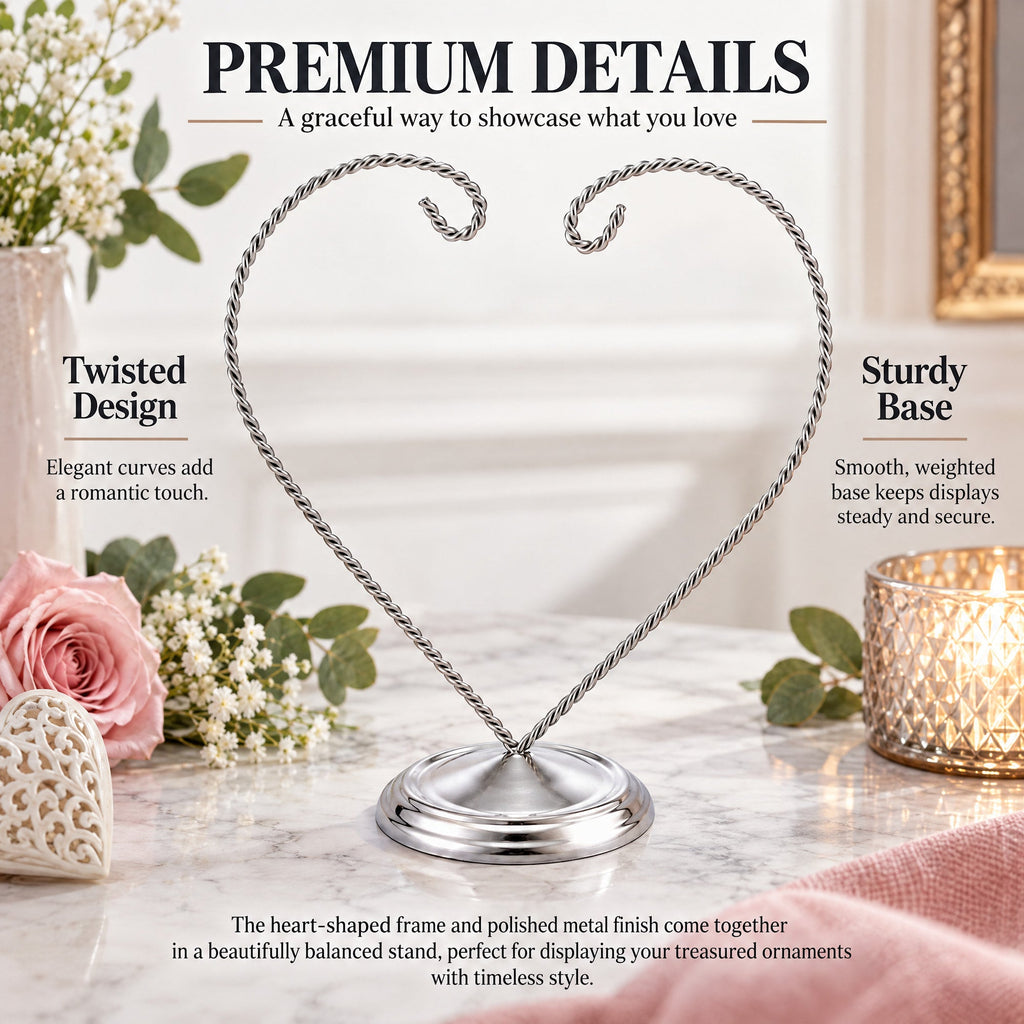Open-Top Heart Twisted Silver Metal Ornament Display Stand 9 Inches