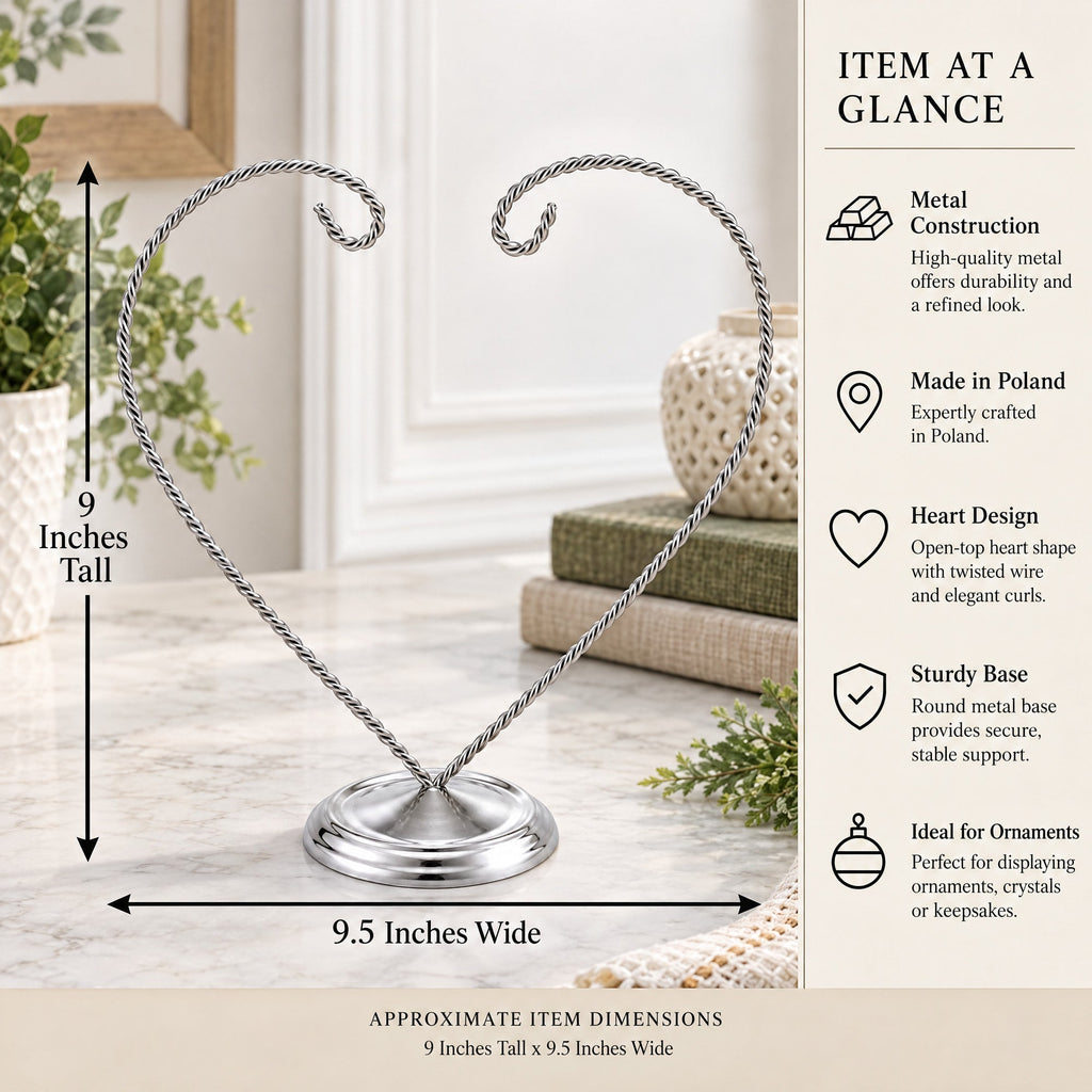 Open-Top Heart Twisted Silver Metal Ornament Display Stand 9 Inches