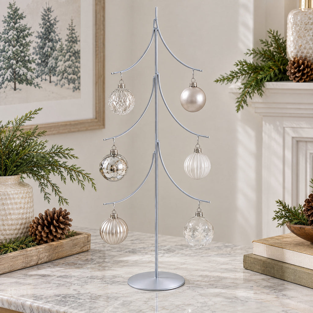 6-Arm Tiered Tree Silver Metal Ornament Display Stand 14 Inches
