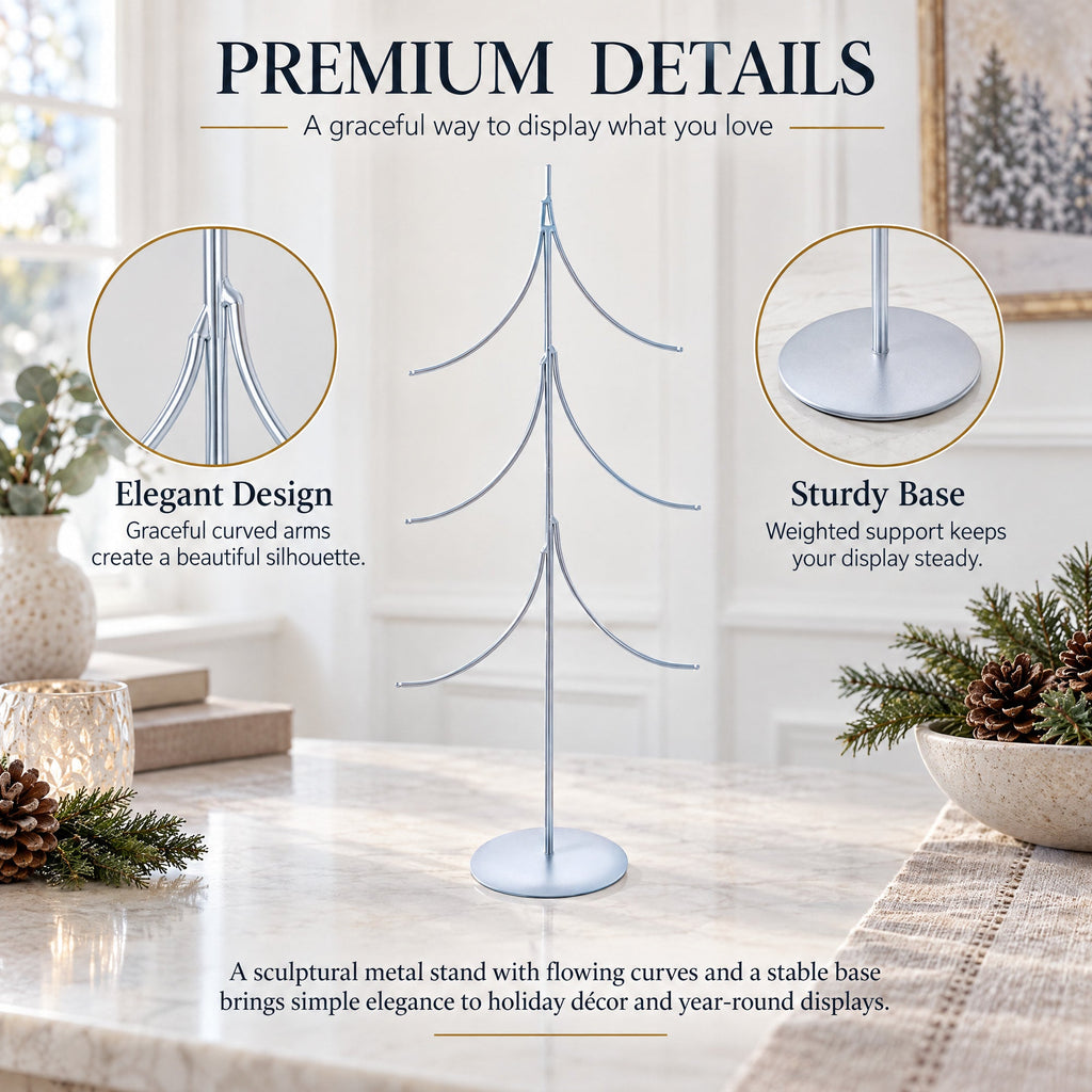 6-Arm Tiered Tree Silver Metal Ornament Display Stand 14 Inches