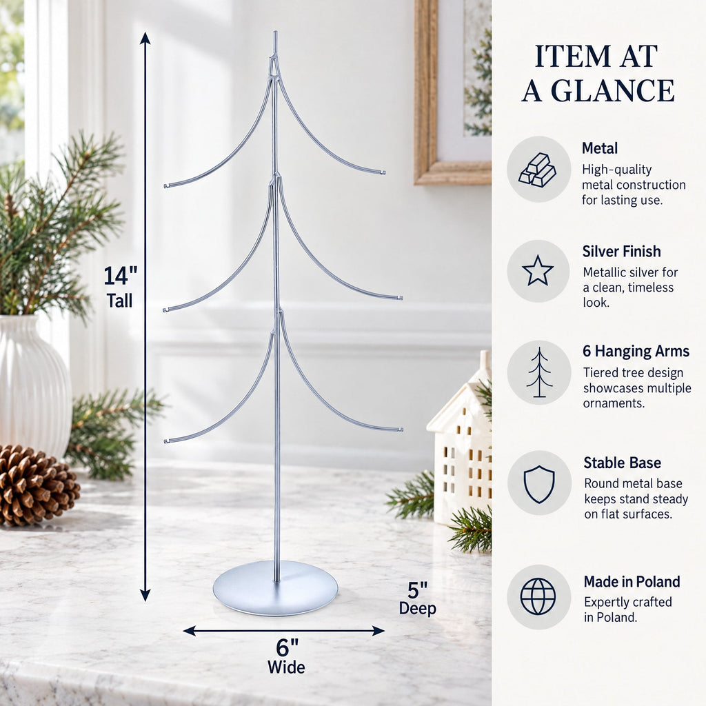 6-Arm Tiered Tree Silver Metal Ornament Display Stand 14 Inches