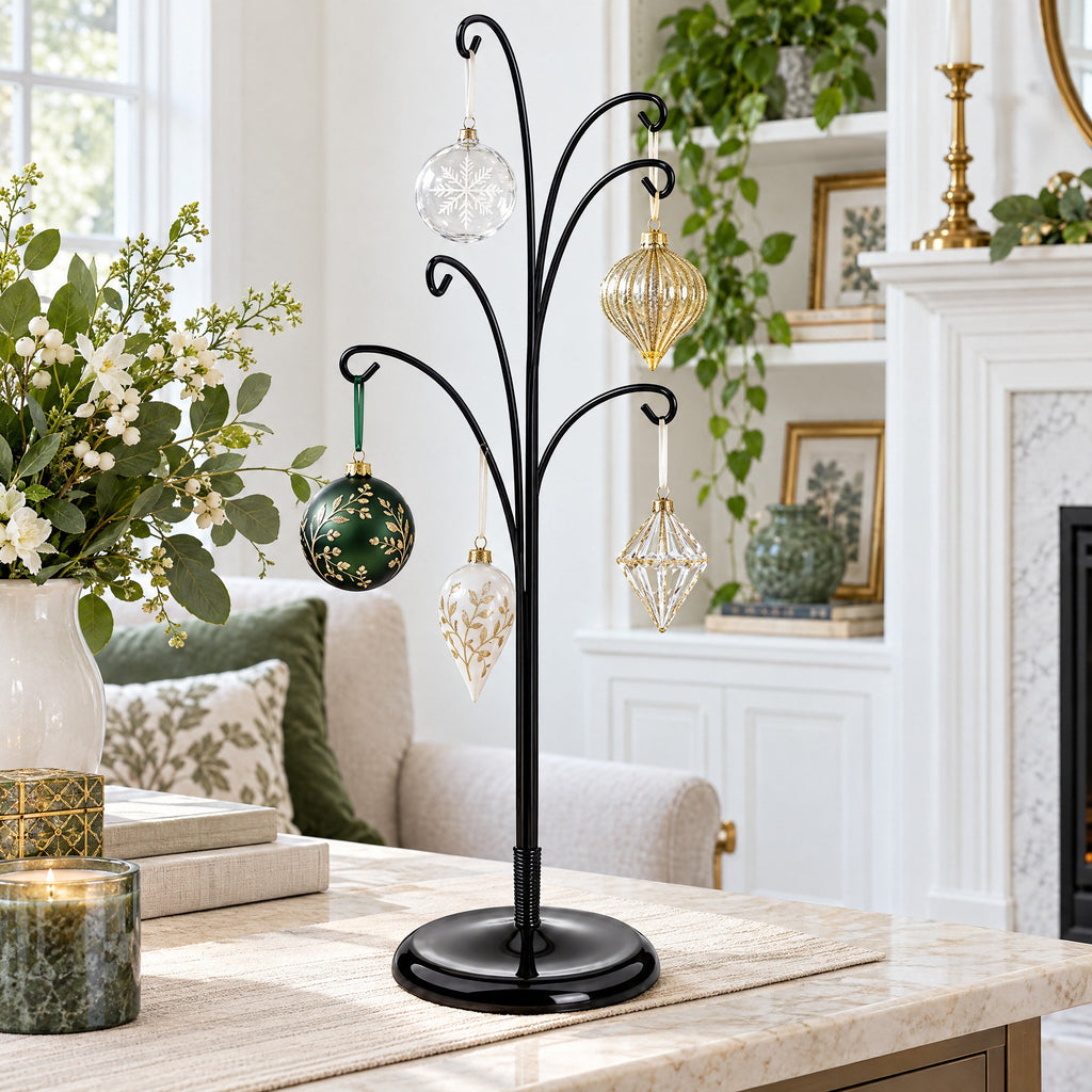 5-Arm Scroll Tree Branches Black Painted Metal Ornament Display Stand 14.5 Inches