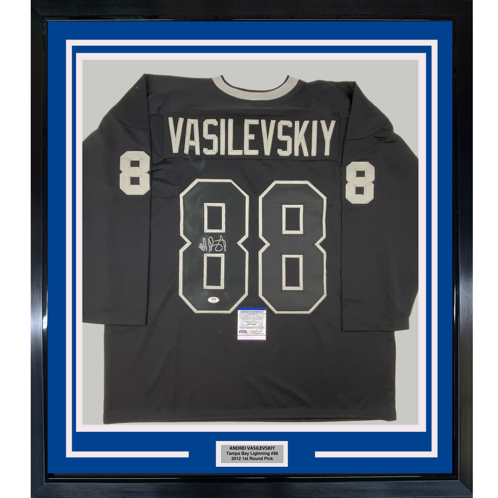 Framed Autographed/Signed Andrei Vasilevskiy 35x39 Tampa Bay Black Hockey Jersey PSA/DNA COA