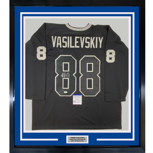 Framed Autographed/Signed Andrei Vasilevskiy 35x39 Tampa Bay Black Hockey Jersey PSA/DNA COA