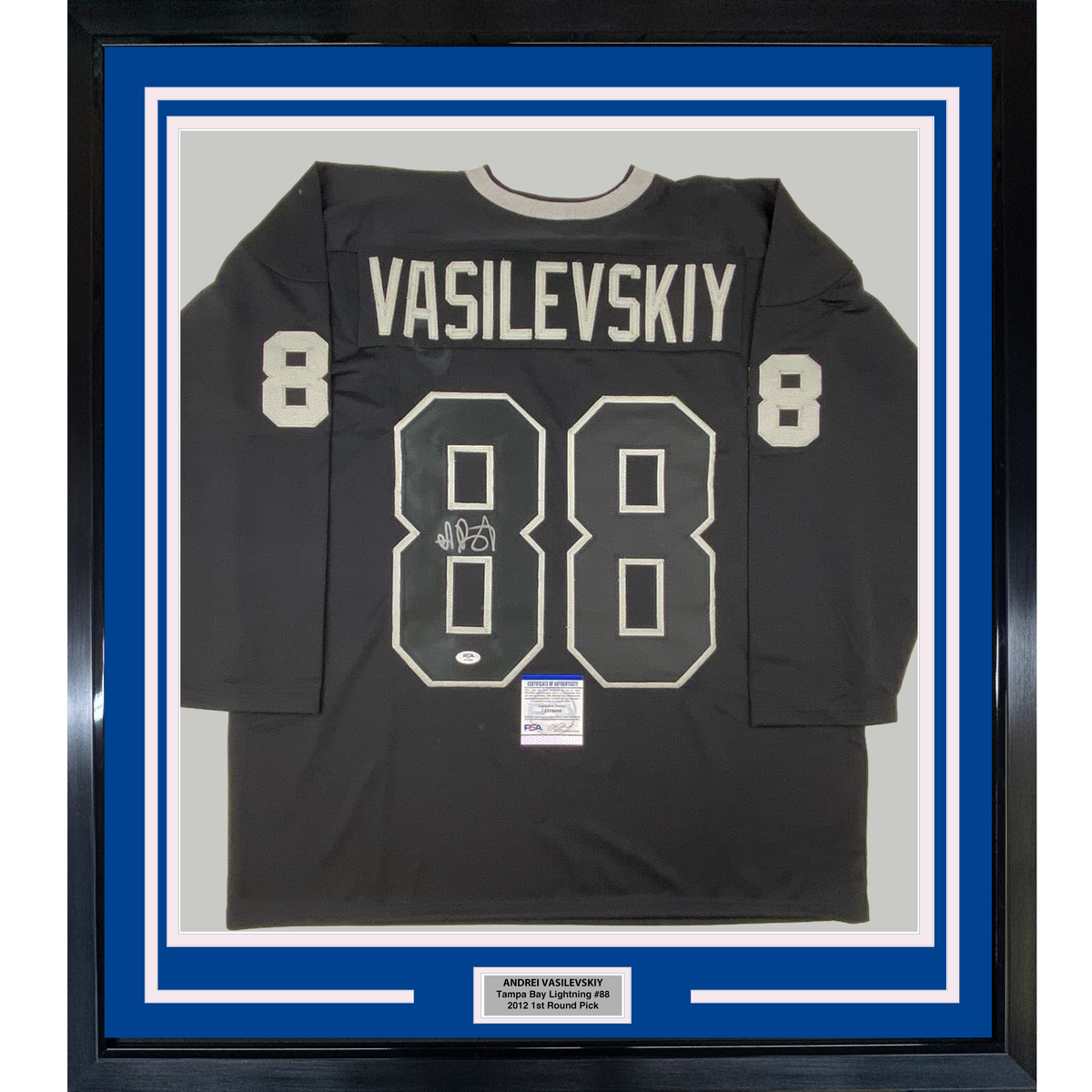 Framed Autographed/Signed Andrei Vasilevskiy 35x39 Tampa Bay Black Hockey Jersey PSA/DNA COA