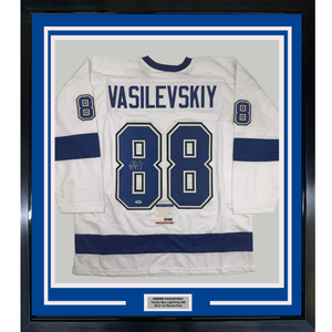 Framed Autographed/Signed Andrei Vasilevskiy 35x39 Tampa Bay White Hockey Jersey PSA/DNA COA
