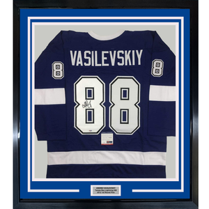 Framed Autographed/Signed Andrei Vasilevskiy 35x39 Tampa Bay Blue Hockey Jersey PSA/DNA COA