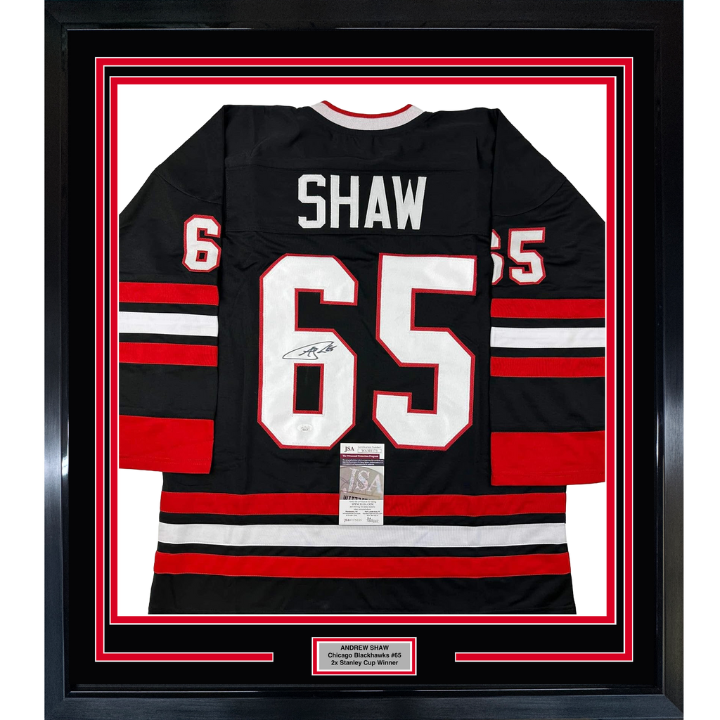 Framed Autographed/Signed Andrew Shaw 35x39 Chicago Black Hockey Jersey JSA COA