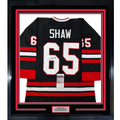 Framed Autographed/Signed Andrew Shaw 35x39 Chicago Black Hockey Jersey JSA COA