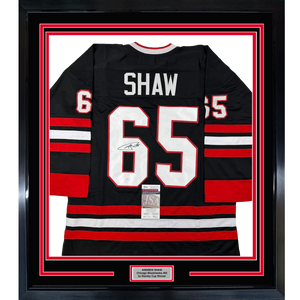 Framed Autographed/Signed Andrew Shaw 35x39 Chicago Black Hockey Jersey JSA COA