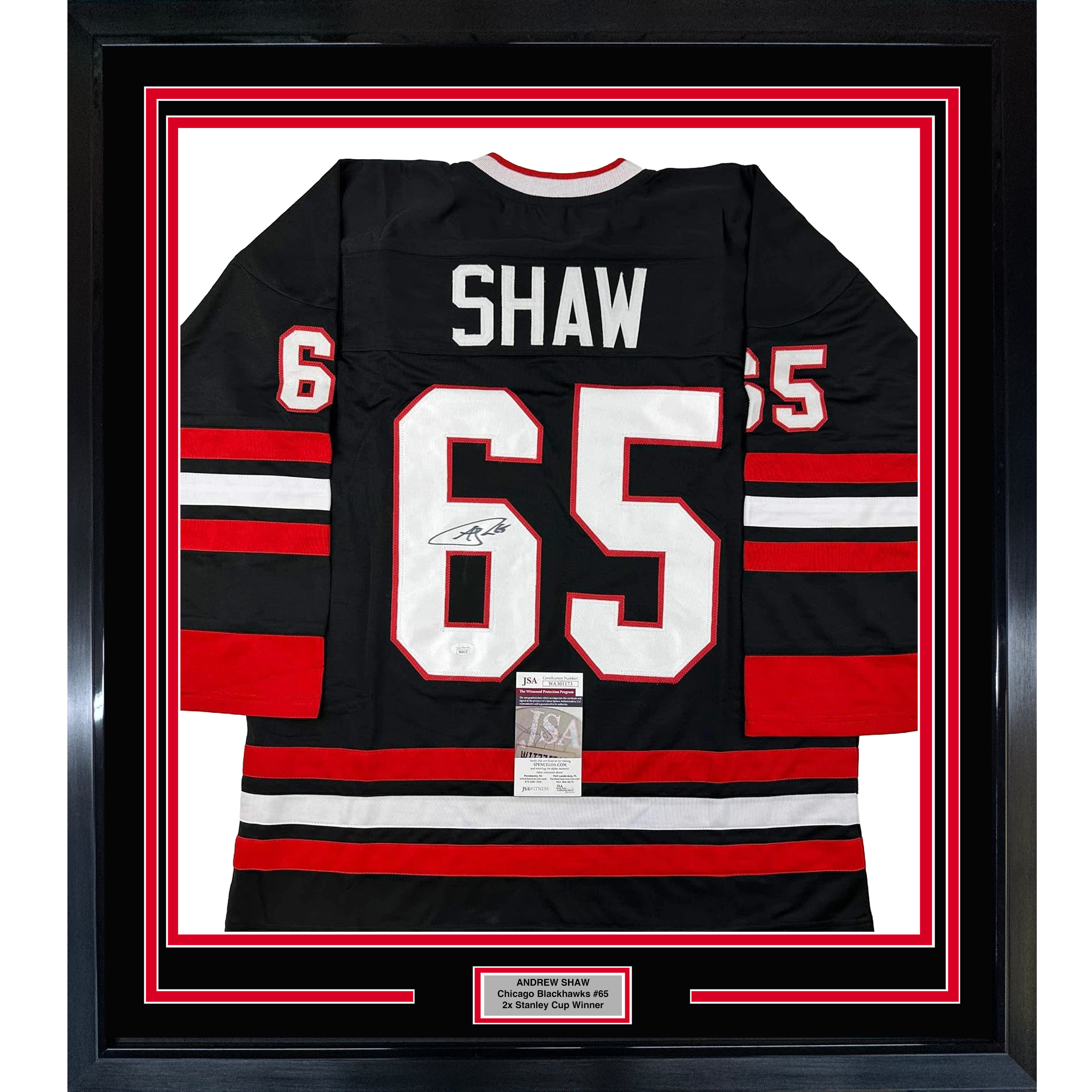 Framed Autographed/Signed Andrew Shaw 35x39 Chicago Black Hockey Jersey JSA COA