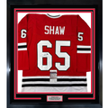 Framed Autographed/Signed Andrew Shaw 35x39 Chicago Red Hockey Jersey JSA COA