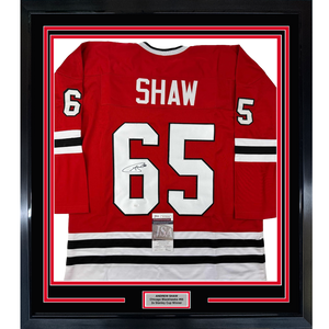 Framed Autographed/Signed Andrew Shaw 35x39 Chicago Red Hockey Jersey JSA COA
