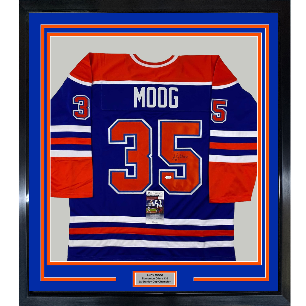 Framed Autographed/Signed Andy Moog 35x39 Edmonton Blue Hockey Jersey JSA COA
