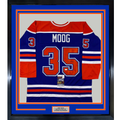 Framed Autographed/Signed Andy Moog 35x39 Edmonton Blue Hockey Jersey JSA COA