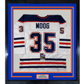 Framed Autographed/Signed Andy Moog 35x39 Edmonton White Hockey Jersey JSA COA