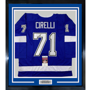 Framed Autographed/Signed Anthony Cirelli 35x39 Tampa Bay Blue Hockey Jersey JSA COA