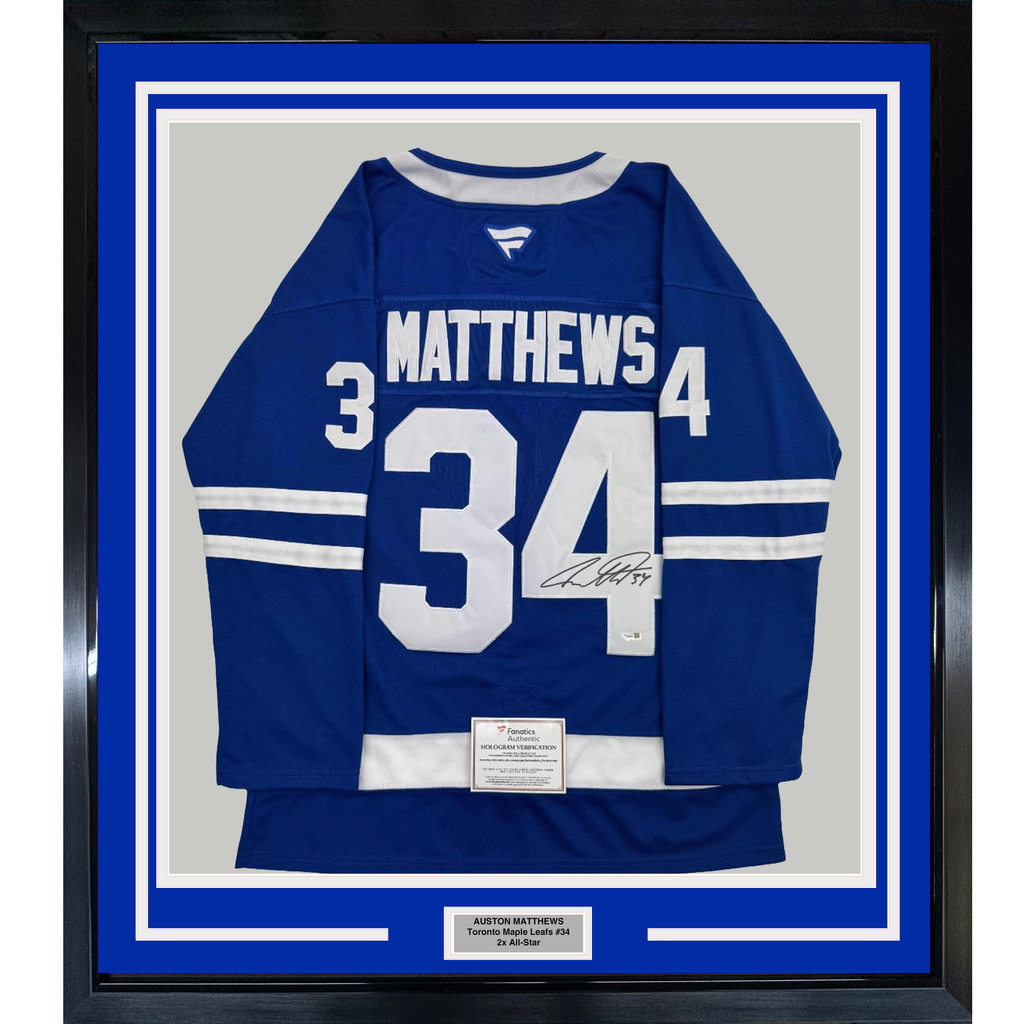 Framed Autographed/Signed Auston Matthews 35x39 Toronto Maple Leafs Authentic Blue Hockey Jersey Fanatics COA