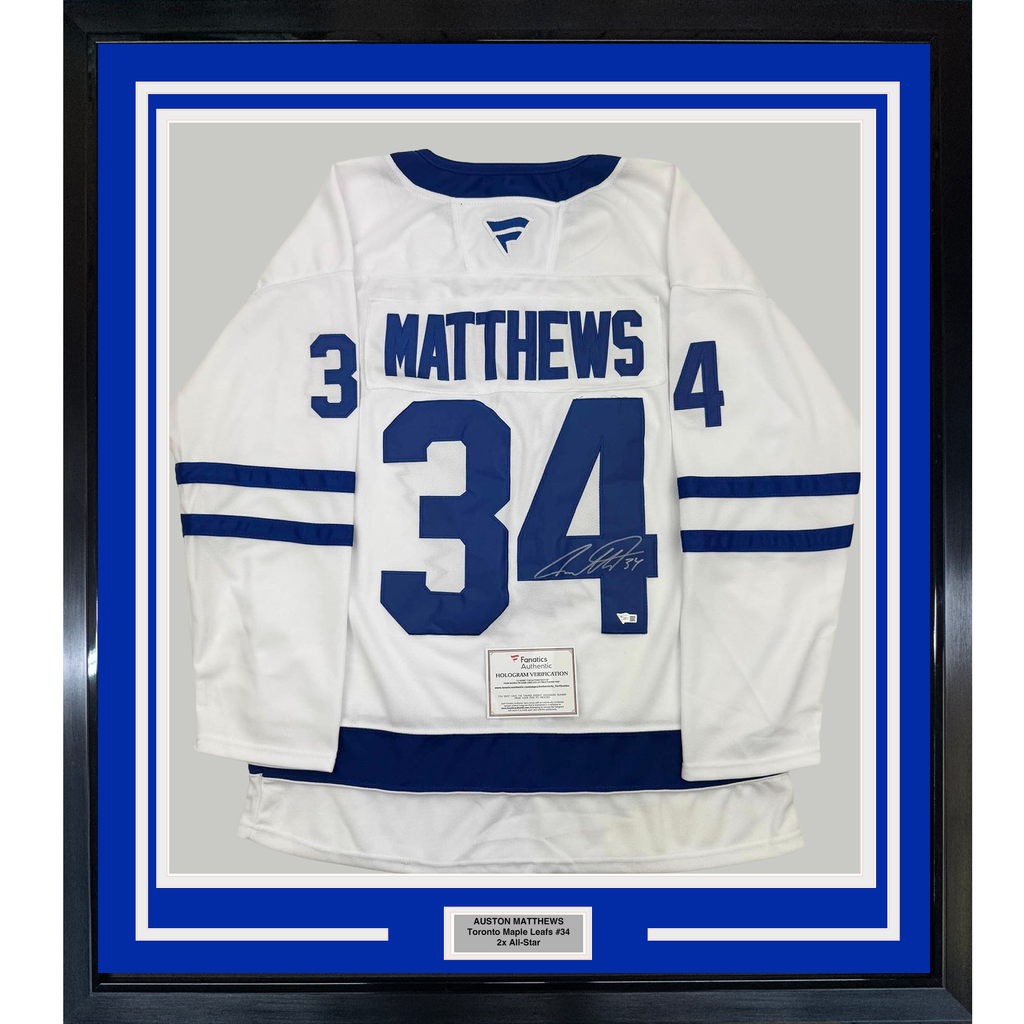Framed Autographed/Signed Auston Matthews 35x39 Toronto Maple Leafs White Hockey Jersey Fanatics COA